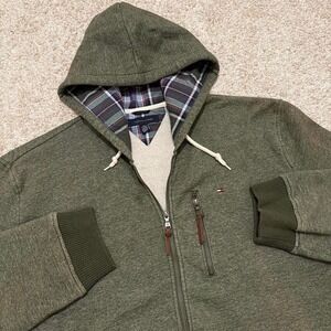 Y2K Vintage Tommy Hilfiger Olive Green Zip-Up Hoodie | Plaid Lined Hood | XXL